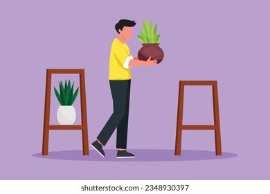 Dibujo de dibujo de estilo plano activo macho poner plantas verdes en el jardín de la casa de invernadero. Humanista florista trabajando, cultivando plantas de flores en ollas, escena botánica. Ilustración vectorial de diseño gráfico