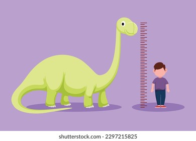 Cartoon flat style drawing adorable little boy measuring his height with brontosaurus height chart on wall. Kids measures growth at school. Child measuring height. Graphic design vector illustration