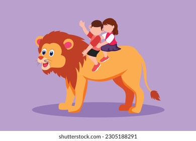 Cartoon flat style drawing adorable little boy and girl riding lion together. Children sitting on back big lion at circus event. Kids learning to ride beast animal. Graphic design vector illustration