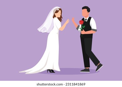 Cartoon flat style drawing adorable married couple in love on romantic date. Smiling boy giving rose flower to cute girl. Young man and woman wearing wedding dress. Graphic design vector illustration