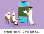 Cartoon flat style drawing Arab male teacher standing in front of smartphone screen holding book and teaching junior high school students sitting on chair near desk. Graphic design vector illustration