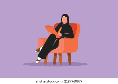 Cartoon Flat Style Drawing Arab Businesswoman Writing On Clipboard. Pretty Female Executive Sitting In Armchair. Success Woman Taking Notes. Psychology Consultation. Graphic Design Vector Illustration