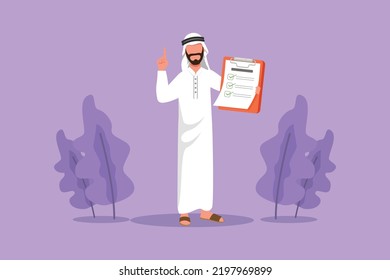 Cartoon flat style drawing Arab businessman standing, holding clipboard and pointing index finger up. Active person keeping file pad in hand. Success business idea. Graphic design vector illustration