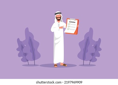 Cartoon Flat Style Drawing Arab Businessman Standing And Pointing To Checklist Clipboard. Office Employee Completed Task, Survey, Questionnaire Of Business Project. Graphic Design Vector Illustration