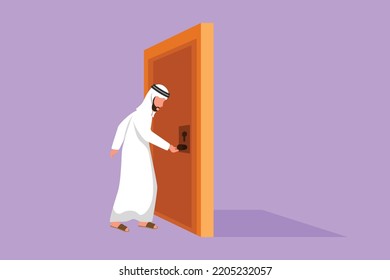 Cartoon Flat Style Drawing Arab Businessman Holding A Door Knob. Entering Working Room In Office Building. Man Holding Door Knob To Open Door And Enter Work Space. Graphic Design Vector Illustration