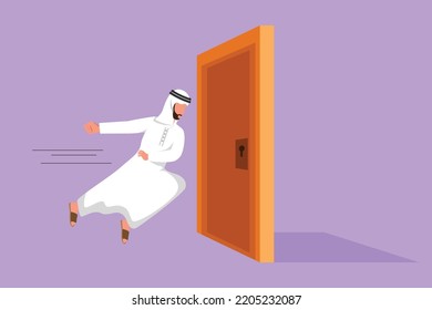 Cartoon flat style drawing Arab businessman running and want to break down the door. Business struggle metaphor. Strength worker for success. Opening closed doors. Graphic design vector illustration