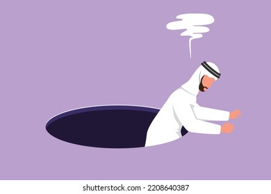 Cartoon flach gezeichnete arabische Geschäftsleute, die versuchen, aus dem Loch zu kommen, Metapher, um große Probleme zu bewältigen. Die Wirtschaft kämpft im Wettbewerb. Stärke für den Erfolg. Grafikdesign, Vektorgrafik
