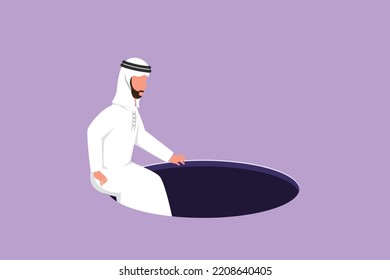 Cartoon flat style drawing Arab businessman descends into the hole. Concept of failure to take advantage of business opportunities. Depressed and business failure. Graphic design vector illustration