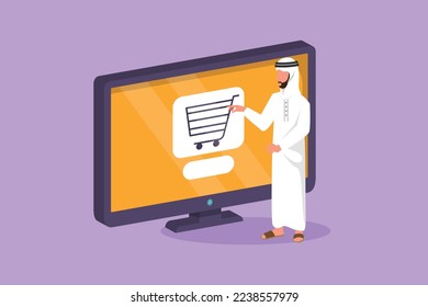 Cartoon flat style drawing Arab man standing and buying online via giant computer screen with shopping cart inside. Digital lifestyle, business consumerism concept. Graphic design vector illustration