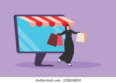 Cartoon flat style drawing Arab woman coming out of monitor screen holding shopping bags. Sale, digital lifestyle and consumerism concept. Online store technology. Graphic design vector illustration