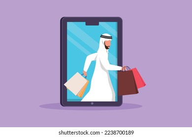 Cartoon flat style drawing Arab man coming out of large smartphone screen with holding shopping bags. Sale, digital lifestyle, consumerism. Online store technology. Graphic design vector illustration