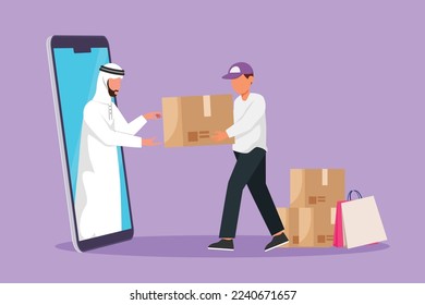 Cartoon flat style drawing Arab man customer receives boxed package, through smartphone screen from male courier. Online delivery service. Online store technology. Graphic design vector illustration