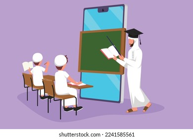 Cartoon flat style drawing Arab male teacher standing in front of smartphone screen holding book and teaching junior high school students sitting on chair near desk. Graphic design vector illustration