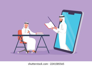 Cartoon flat style drawing Arab male student sitting on chair with desk studying staring at smartphone screen, inside laptop there is male lecturer who is teaching. Graphic design vector illustration