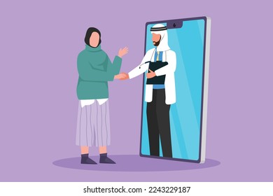 Dibujar a una paciente árabe de pie y estrechando la mano con un médico varón saliendo del smartphone y sujetando el portapapeles. Consulta médica en línea. Ilustración vectorial de diseño gráfico