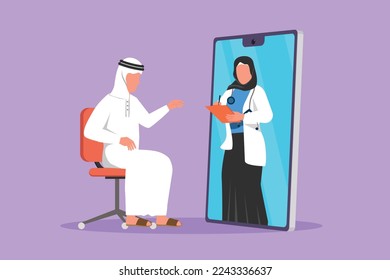 Cartoon flat style drawing Arab female doctor comes out of smartphone screen, holding clipboard, checking condition of male patient sitting on chair. Online medical. Graphic design vector illustration