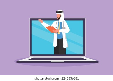 Cartoon flat style drawing Arab male doctor come out of laptop computer screen holding clipboard. Online doctor medical app service. Digital healthcare consultation. Graphic design vector illustration