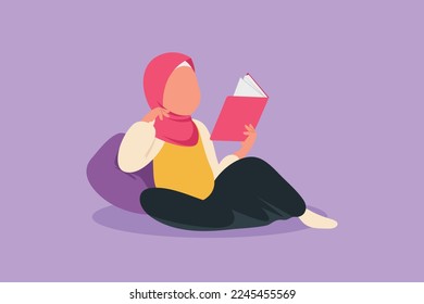 Cartoon flat style drawing Arab little girl reading, learning and leaning on cozy couch. Study at school. Smart female student get education. Intellectual knowledge. Graphic design vector illustration