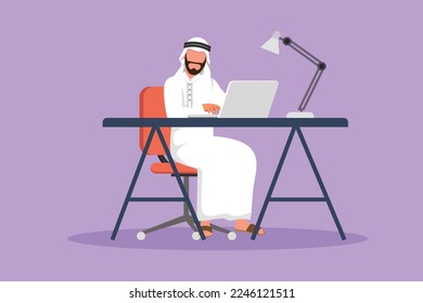 Cartoon flat style drawing Arab man study with laptop, desk lamp, pile of book. Back to school, intelligent student, online learning education. Businessman working. Graphic design vector illustration