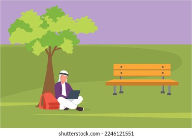 Cartoon flat style drawing Arab businessman sitting in park under a tree and working with laptop. Smart male student typing computer keyboard and studying outdoor. Graphic design vector illustration