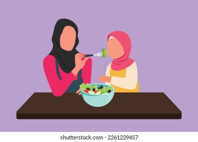 Cartoon flat style drawing Arab mother feeds little daughter food and in front of her is bowl filled with salad. Happy mom and child cooking together in cozy kitchen. Cartoon style vector illustration