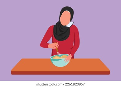 Cartoon flat style drawing Arab woman talks on smartphone while preparing dinner while standing in kitchen and knead cake dough using manual hand mixer. Fun cooking. Graphic design vector illustration
