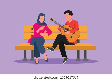 Cartoon flat style drawing Arab people sitting on wooden bench in park. Romantic couple on date, happy man playing music on guitar, girl listen and singing together. Graphic design vector illustration