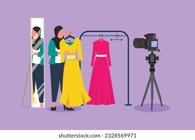 Cartoon flat style drawing Arab woman fashion blogger. Dress, online shopping, clothing store and lookbooks influencer review. Stylist, fashionista, fashion advisor. Graphic design vector illustration