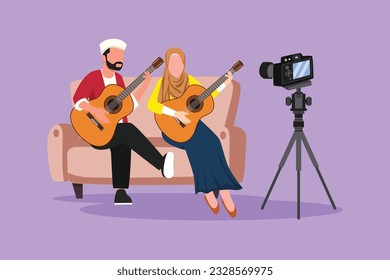 Cartoon flat style drawing Arab couple vlog influencer performing music show to streaming online audience listening at home. Man woman playing guitar and sing song. Graphic design vector illustration