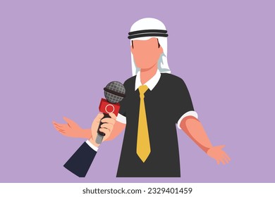 Cartoon flat style drawing Arab businessman giving interview in presence of journalists with microphones. Successful man gives comments, opinions for breaking news. Graphic design vector illustration