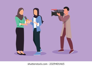 Cartoon flat style drawing Arab woman journalist with microphone, interview Arabian girl at tv studio. Reporter and cameraman broadcast breaking news at live stream. Graphic design vector illustration