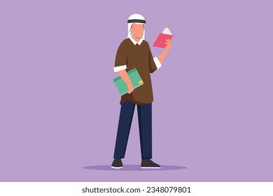 Cartoon flat style drawing Arab man stands and holds book in hands. Guy reading book. Student in university library. Boy spending spare time by reading literature. Graphic design vector illustration