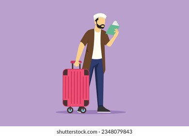 Cartoon flat style drawing Arab man reading textbook. Smart male student standing with open book in hand and suitcase. Enthusiastic reader for educational and hobby. Graphic design vector illustration