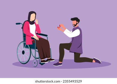 Cartoon flat style drawing Arab man stand on knee with engagement ring in hands in front of disabled woman sitting on wheelchair, loving relations, person marriage. Graphic design vector illustration