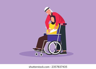 Cartoon flat style drawing Arab male touching belly of disabled pregnant woman sitting on wheelchair. Happy family relations, pregnancy, loving people awaiting baby. Graphic design vector illustration