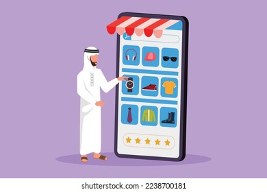 Cartoon flach gezeichnet arabischen Mann Auswahl der Shopping-Artikel auf großen Smartphone-Bildschirm. Digitaler Lifestyle mit Internet- und Gadget-Konzept. Online-Store-Technologie. Grafikdesign, Vektorgrafik