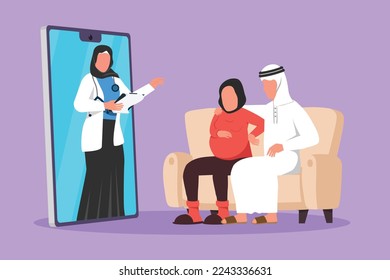 Cartoon flach gezeichnet arabische Ärztin kommt aus Smartphone-Bildschirm und bietet Beratung für Paare Patienten mit schwangerer Frau. Online-Arzt. Grafikdesign, Vektorgrafik
