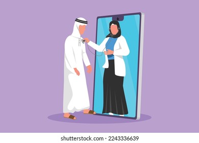 Cartoon flat style drawing Arabian female doctor comes out of smartphone screen and checks male patient heart rate using stethoscope. Online doctor medical metaphor. Graphic design vector illustration