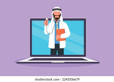 Cartoon flat style drawing Arabian male doctor comes out of laptop computer screen holding stethoscope. Online medical services. Digital app healthcare consultation. Graphic design vector illustration