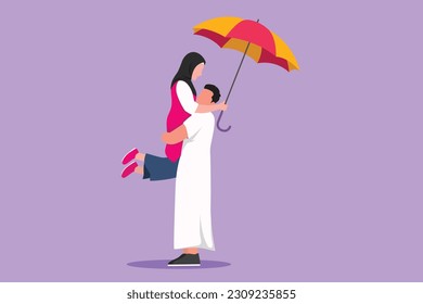 Cartoon flat style drawing of Arabian couple in love under rain with umbrella. Happy man and woman walking at park and jumping. Married romantic couple relationship. Graphic design vector illustration