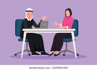 Cartoon flat style drawing Arabian man journalist interviewing girl at desk. Live stream, tv show. Journalist talking to guest. Broadcaster news at tv studio icon. Graphic design vector illustration