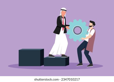 Cartoon flat style drawing Arabian businessman helping his partner to lifting cogs or gears on top of stairs. Teamwork, goal achievement, solution, success, winner. Graphic design vector illustration