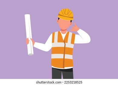 Cartoon flat style drawing architect wearing vest, helmet with call me gesture and carrying blueprint paper for building work plan. Builder on work at ground site. Graphic design vector illustration