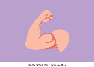 Cartoon flat style drawing of arm, bicep, strong hand icon. Strong power, muscle arms logo, label. Muscular hand symbol for fitness club emblem, strength human hand. Graphic design vector illustration