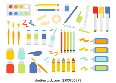 Cartoon flat style drawing art supplies. Painting tools. Colored pencils, markers. Watercolor paint, brushes. Drawings for children. Design elements isolated on white.