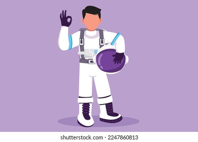 Cartoon flat style drawing astronaut standing with okay gesture wearing spacesuit exploring earth, moon, other planets in universe. Spaceman start space expedition. Graphic design vector illustration