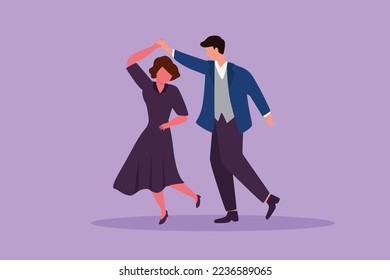 Cartoon flat style drawing attractive man and woman performing dance at school, studio, party. Male and female character dancing tango at night club. Couple dancing. Graphic design vector illustration