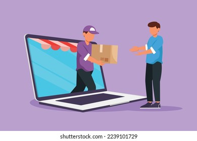 Cartoon flat style drawing attractive male courier comes out of canopy monitor screen and give package box to male customer. Fast respond in online delivery concept. Graphic design vector illustration