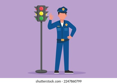 Cartoon flat style drawing of attractive policeman standing near traffic light in full uniform with gesture okay, working to control vehicle traffic on the highway. Graphic design vector illustration