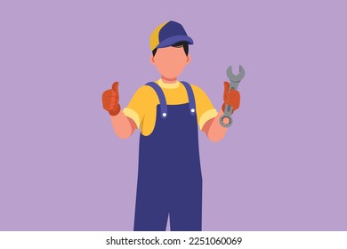 Cartoon flat style drawing attractive male mechanic holding wrench with thumbs up gesture and ready to perform maintenance on the vehicle engine or transportation. Graphic design vector illustration